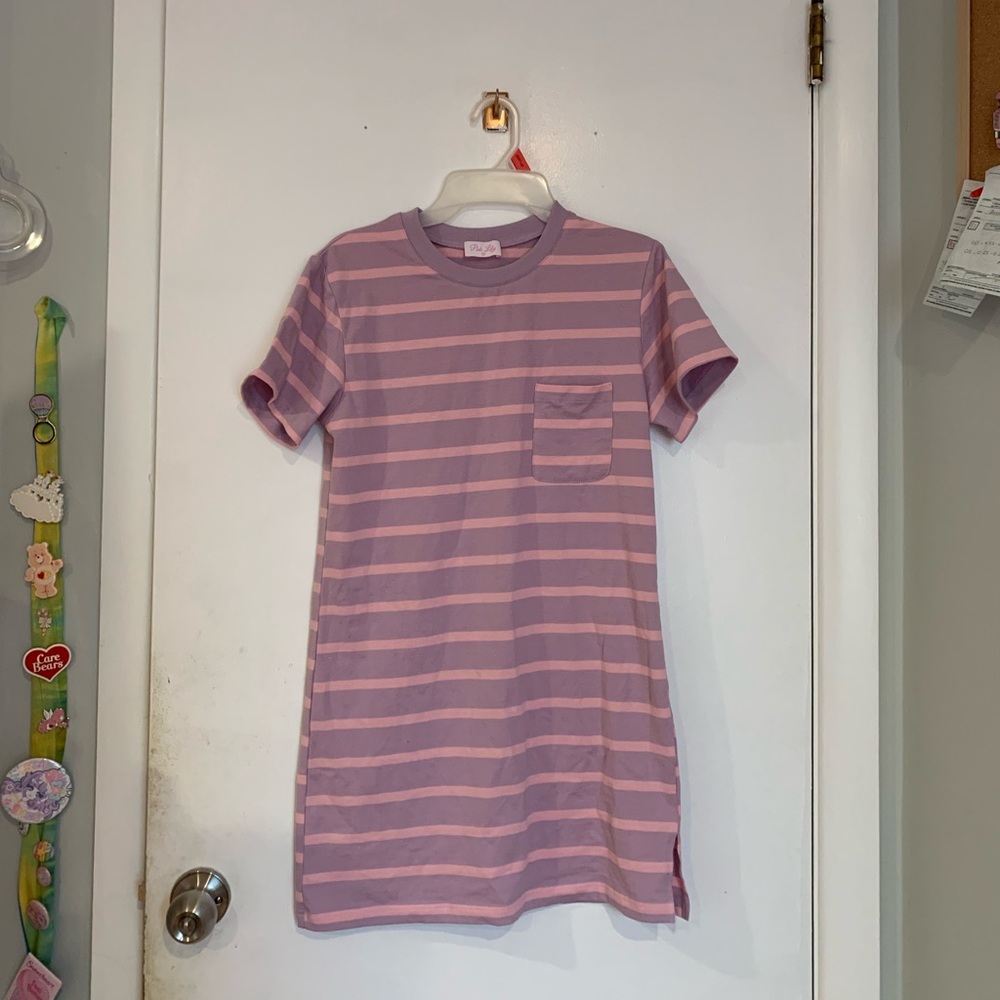 Pink and purple striped t-shirt dress.